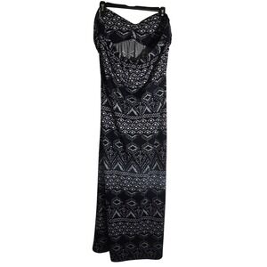 Charlie Paige Navy White Geometric Tribal Strapless Maxi Dress O-Ring L/XL